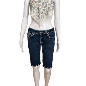 L.A. IDOL Dark Wash White Stitch Rhinestone Low Rise Denim Jean Shorts Size 9